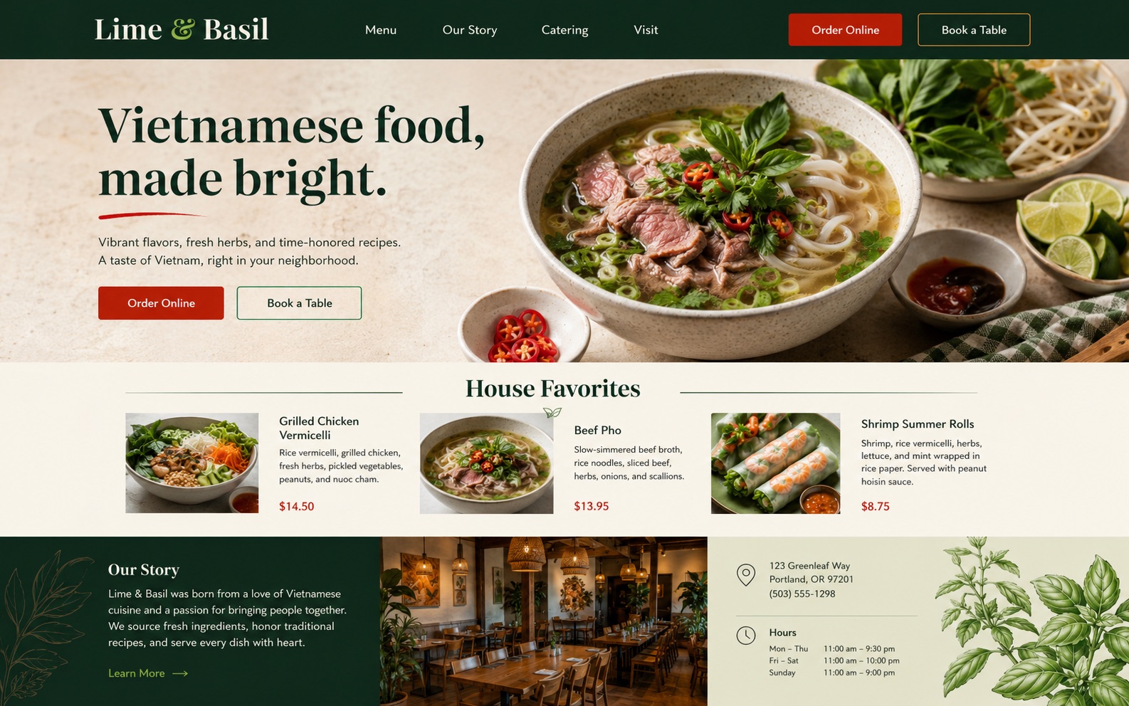 Lime and Basil fictional restaurant website concept