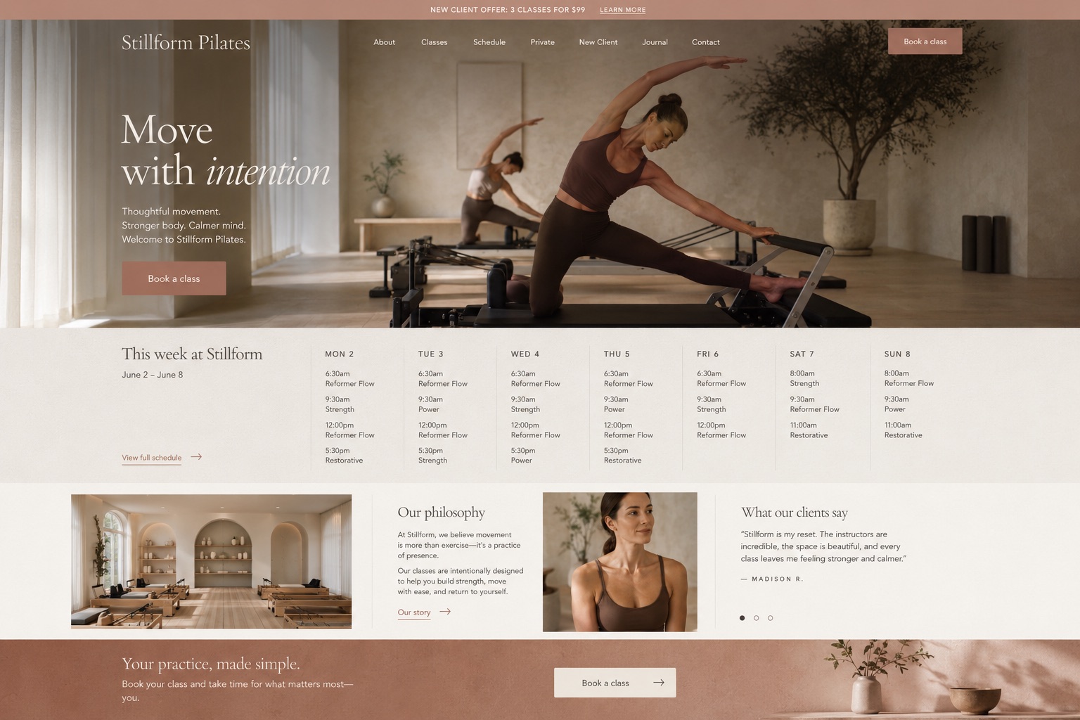 Stillform Pilates fictional website concept